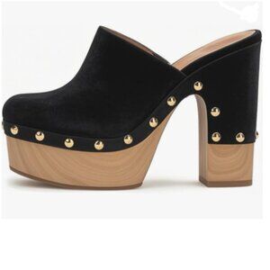 FSJ Black Round Toe Mules Chunky Heeled Slip On Platform Wooden Clogs Sandals